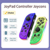 A pair of colorful Joy-Con style controllers shown with features like universal applicability and host charging capability.