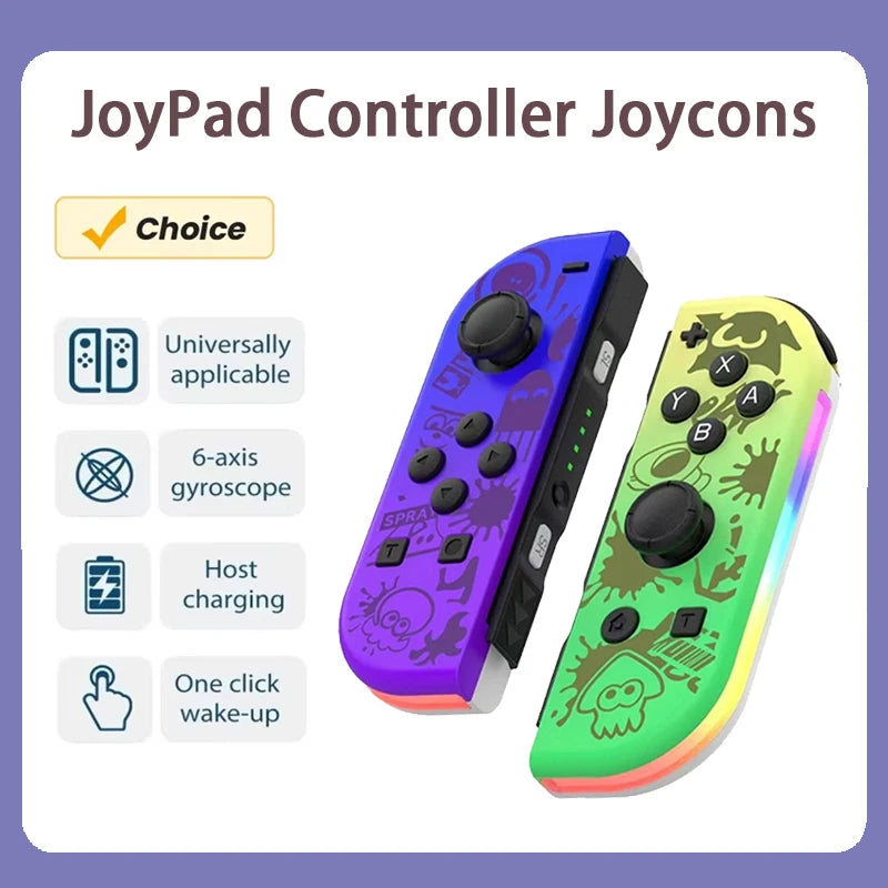 A pair of colorful Joy-Con style controllers shown with features like universal applicability and host charging capability.