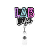 A colorful acrylic lab life badge holder with letters LAB and life