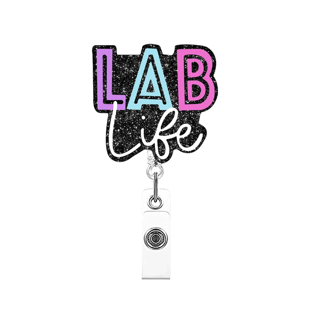A colorful acrylic lab life badge holder with letters LAB and life