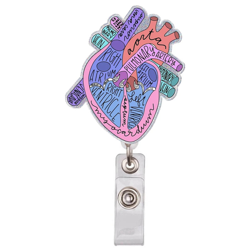 A badge reel featuring a colorful anatomical diagram of the heart and aorta.