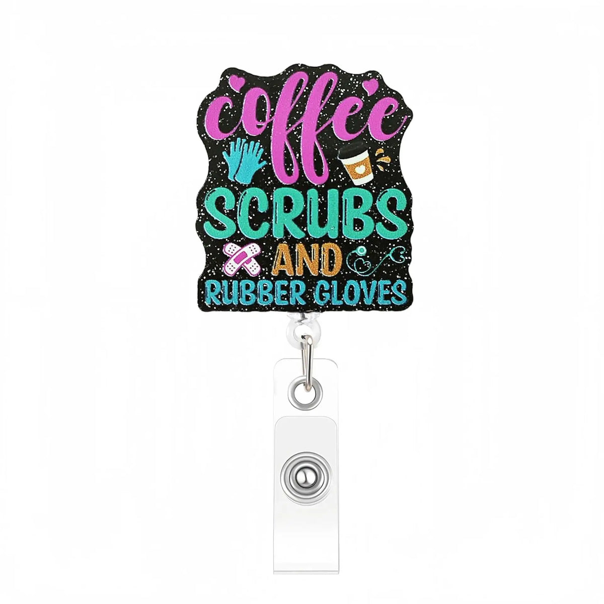 Badge reel for nurse scrubs and rubber gloves, black and pink graphic