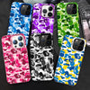 A collection of various iPhone cases featuring leopard print, camouflage, and abstract patterns.
