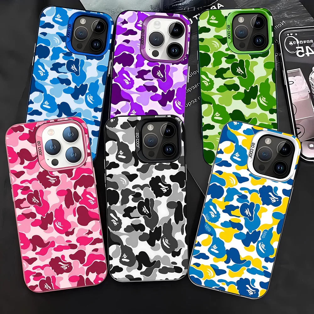 A collection of various iPhone cases featuring leopard print, camouflage, and abstract patterns.