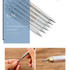 A set of silver precision mechanical pencils with sharp tips shown next to a close-up of an ink replaceable tip.