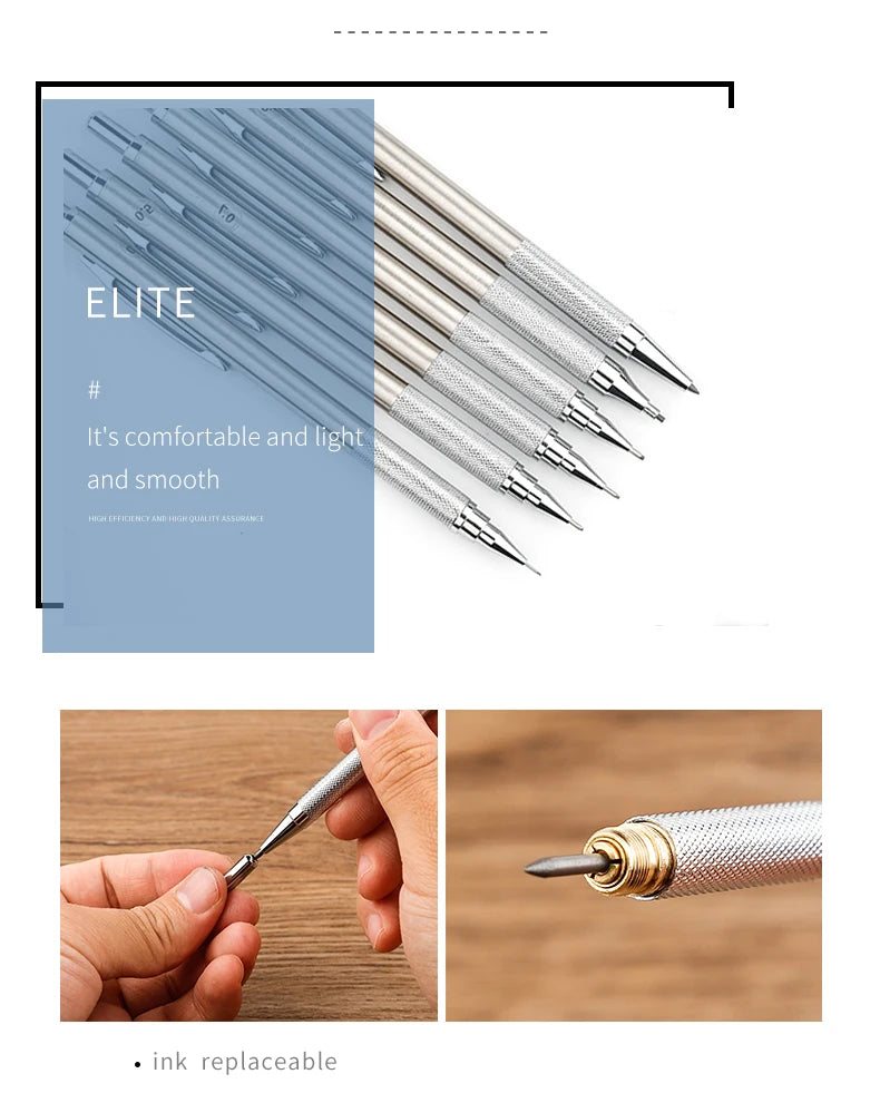 A set of silver precision mechanical pencils with sharp tips shown next to a close-up of an ink replaceable tip.