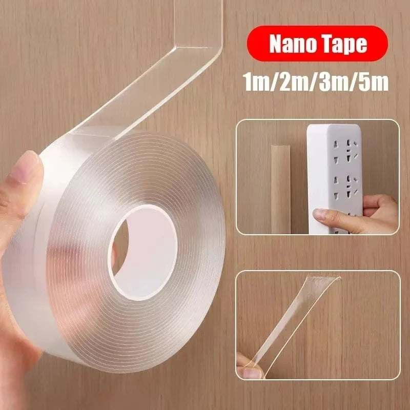 Roll of clear double-sided nano tape with various sizes available for household repair