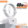 A white 40W USB-C fast charging cable and adapter for iPhone devices.