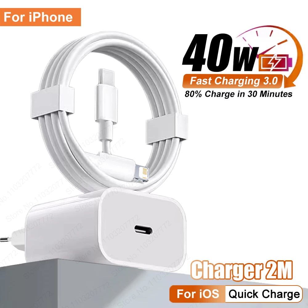 A white 40W USB-C fast charging cable and adapter for iPhone devices.