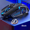 A black wired gaming mouse with blue RGB accents and a circular optical sensor is shown on a blue surface.