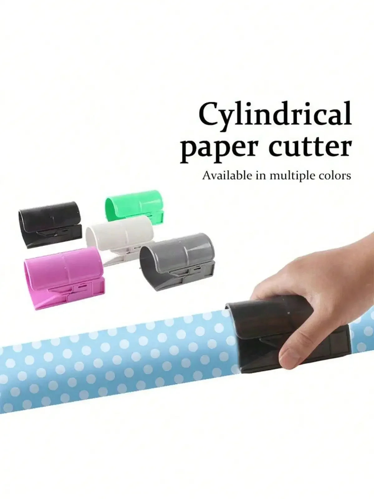 A hand is using a cylindrical paper cutter with various colored plastic cutters on a roll of patterned wrapping paper.