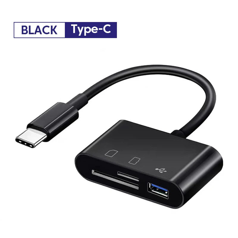 Black Type-C card reader adapter cable and connector.