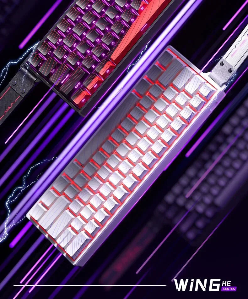 Close-up of a silver and red hot-swap mechanical gaming keyboard with purple RGB lighting effects.