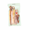 A clear plastic pouch containing a 6-in-1 cartoon school stationery kit including pencils, crayons, and a ballpoint pen.