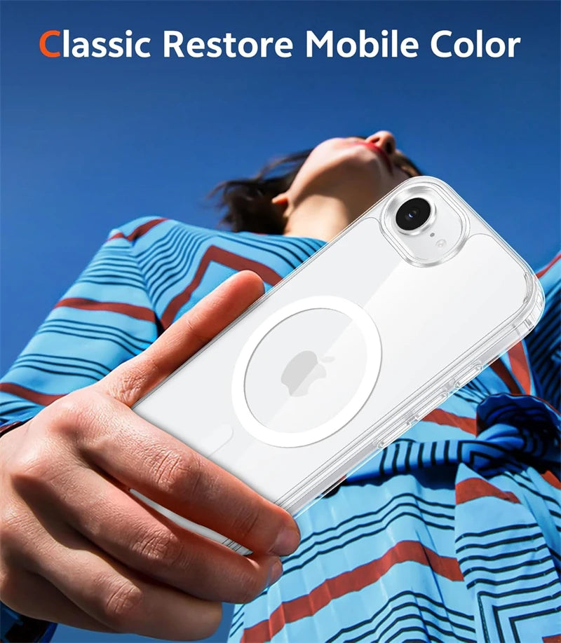 A hand holds a clear phone case with MagSafe compatibility against a blue sky background.