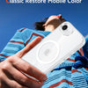 A hand holds a clear phone case with MagSafe compatibility against a blue sky background.