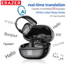 A pair of black AI translation Bluetooth earphones shown with various language text examples.