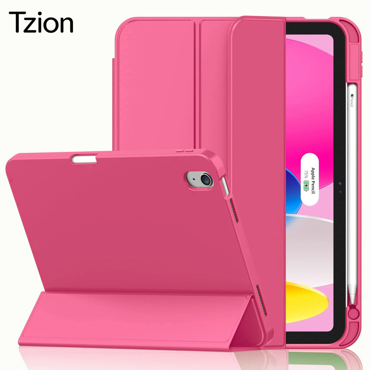 A pink Tzion universal protective case for an iPad, showing the front and back covers.