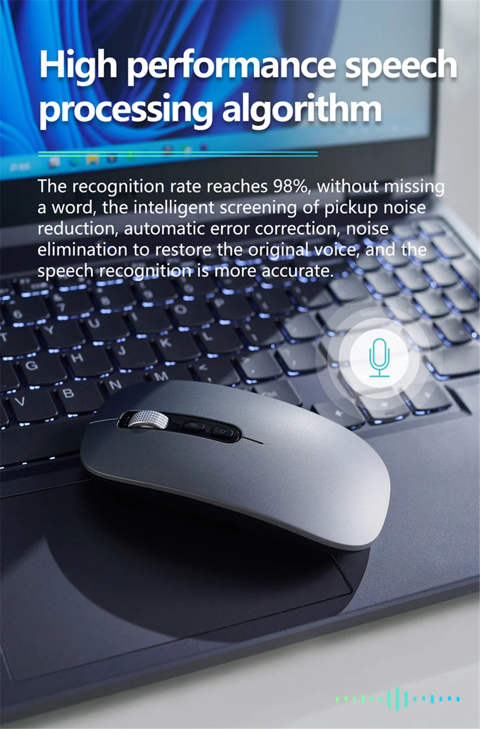 A gray AI voice typing mouse resting on a laptop keyboard with a speech processing algorithm graphic in the background.
