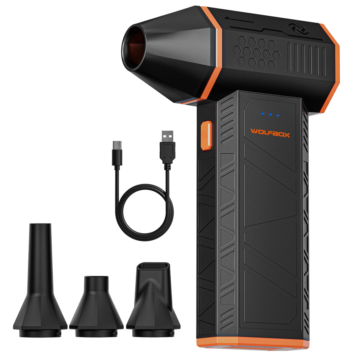 A black high-power rechargeable electric air duster with various nozzle attachments shown next to the main unit.