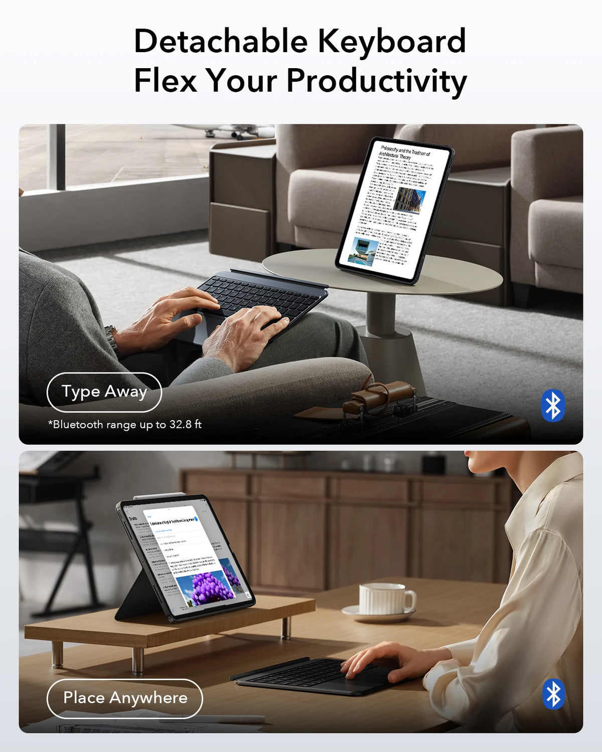 Una funda de teclado desmontable usada con un iPad, demostrando flexibilidad en la productividad.