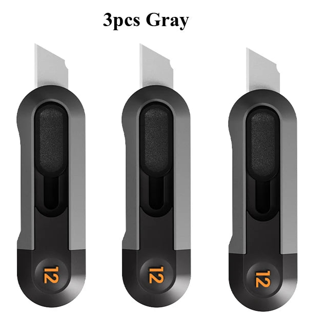 Three gray deli mini pocket knives shown side by side