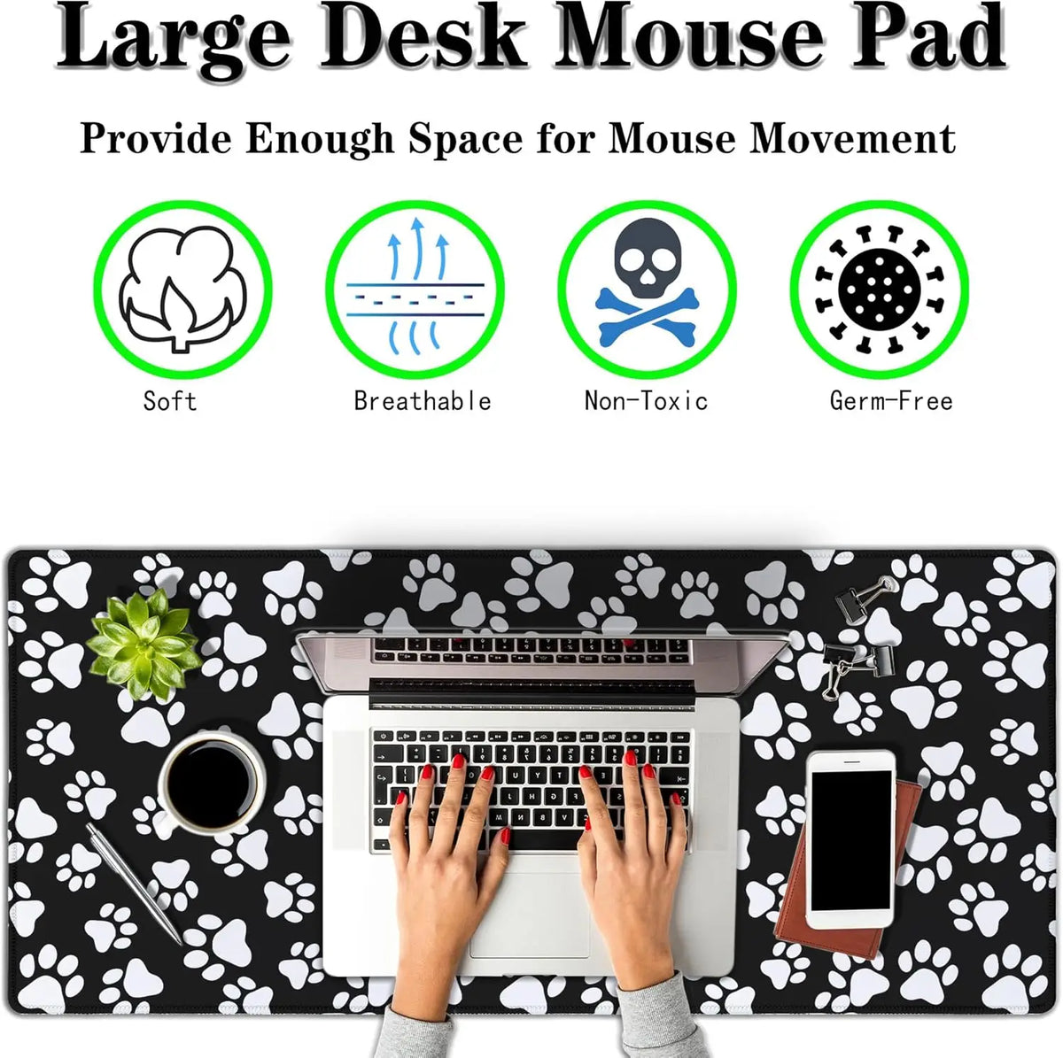 A laptop is placed on an XXL pet paw print desk mat, demonstrating the mouse pad's surface.
