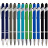 A row of black and blue metal stylus pens with silver accents shown vertically.