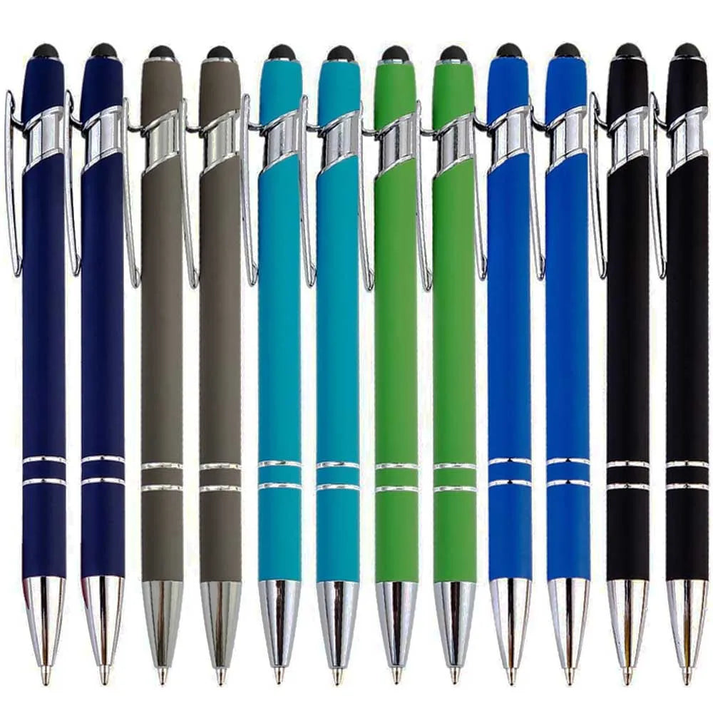 A row of black and blue metal stylus pens with silver accents shown vertically.