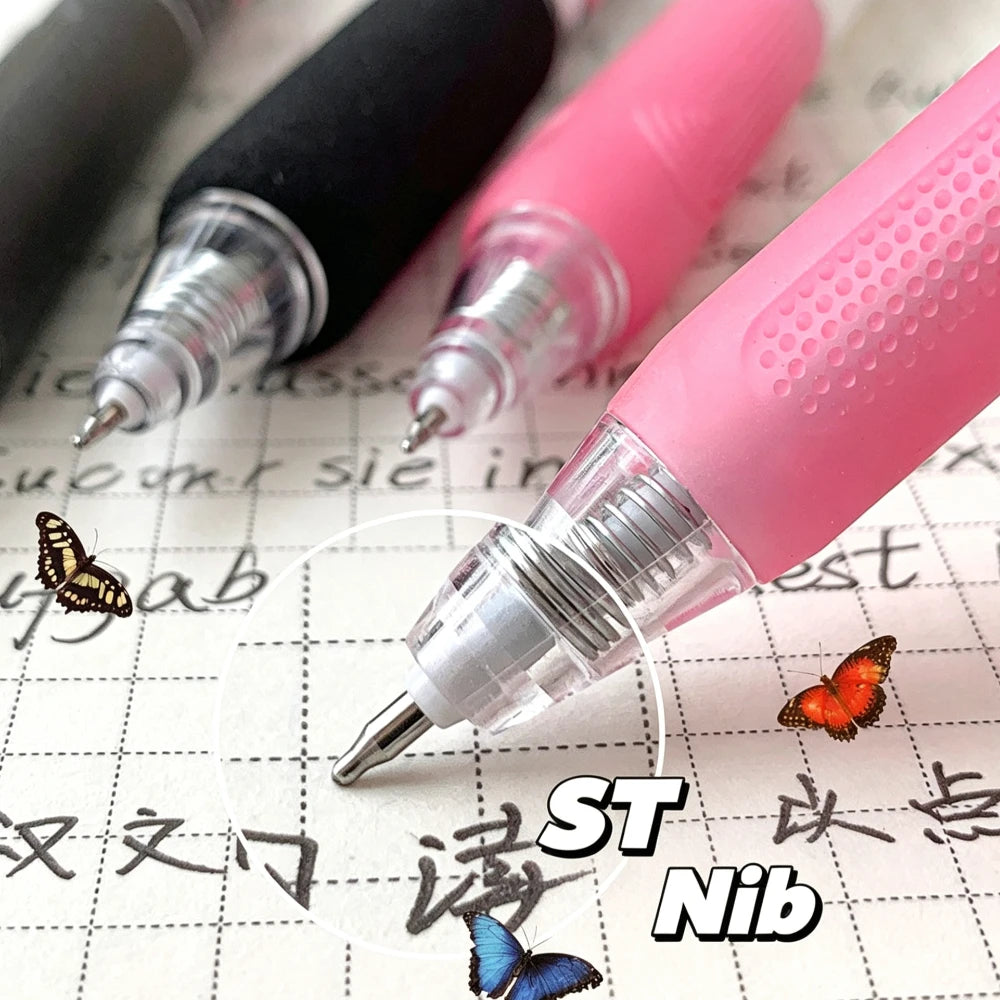 A close-up view of a set of six pink and black gel pens with butterfly designs on a grid paper background.