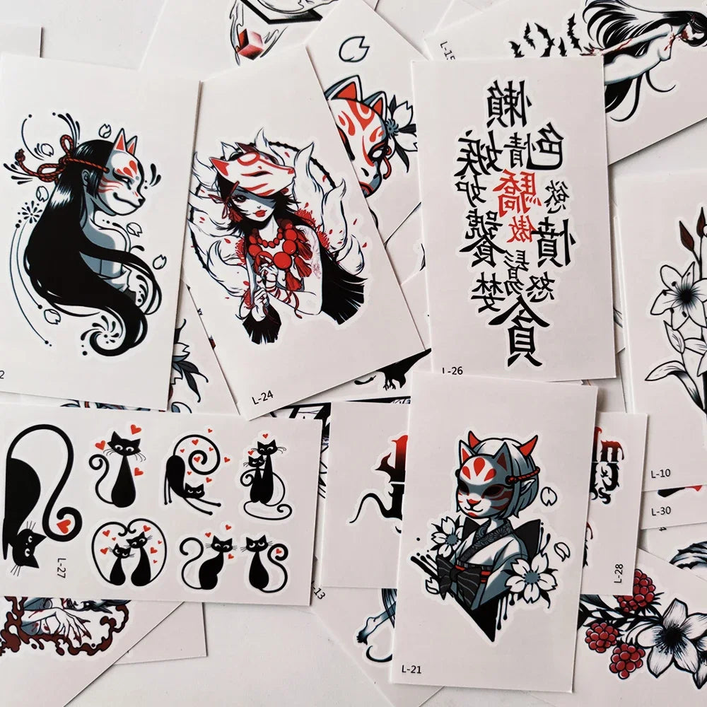 Colección de pegatinas temporales con diseños multi, mostrando gatos estilizados y patrones florales.