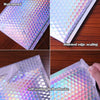 Four views of waterproof rainbow foil bubble mailers showing different sealing methods