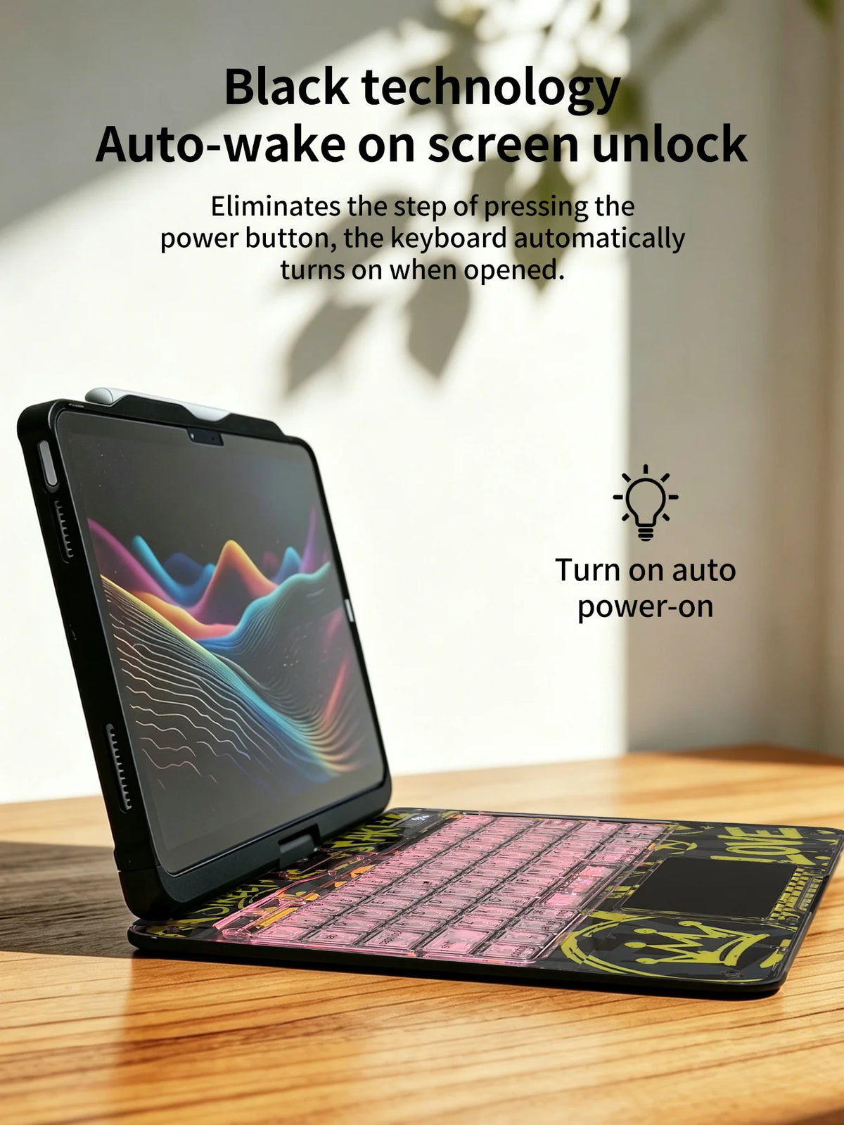 A black keyboard case with an RGB backlit trackpad is shown open on an iPad, demonstrating auto-wake functionality.