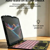 A black keyboard case with an RGB backlit trackpad is shown open on an iPad, demonstrating auto-wake functionality.