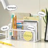 A white metal mesh desk file organizer holding various stationery items like a notepad, letters, and pens.