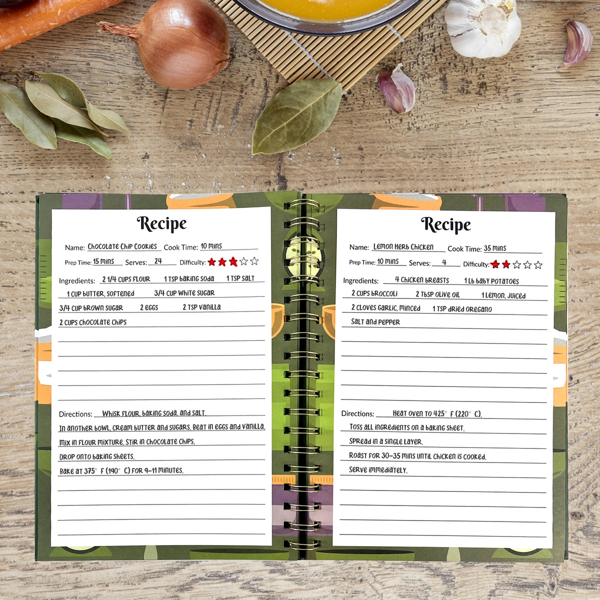 A blank recipe notebook with a recipe for chocolate chips and instructions.