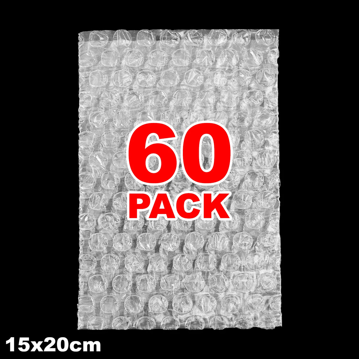 A sheet of clear bubble wrap packaging with the text 60 pack and dimensions 15x20cm.