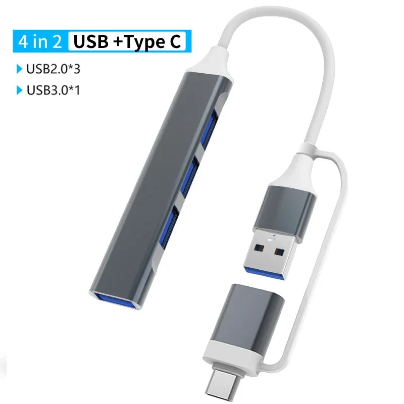 A white USB-C multiport hub featuring four ports: two USB 2.0 and two USB 3.0, with an attached audio jack.