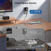 A 4-in-1 GaN fast charger with retractable cables is shown on a wooden desk, demonstrating its space-saving features.