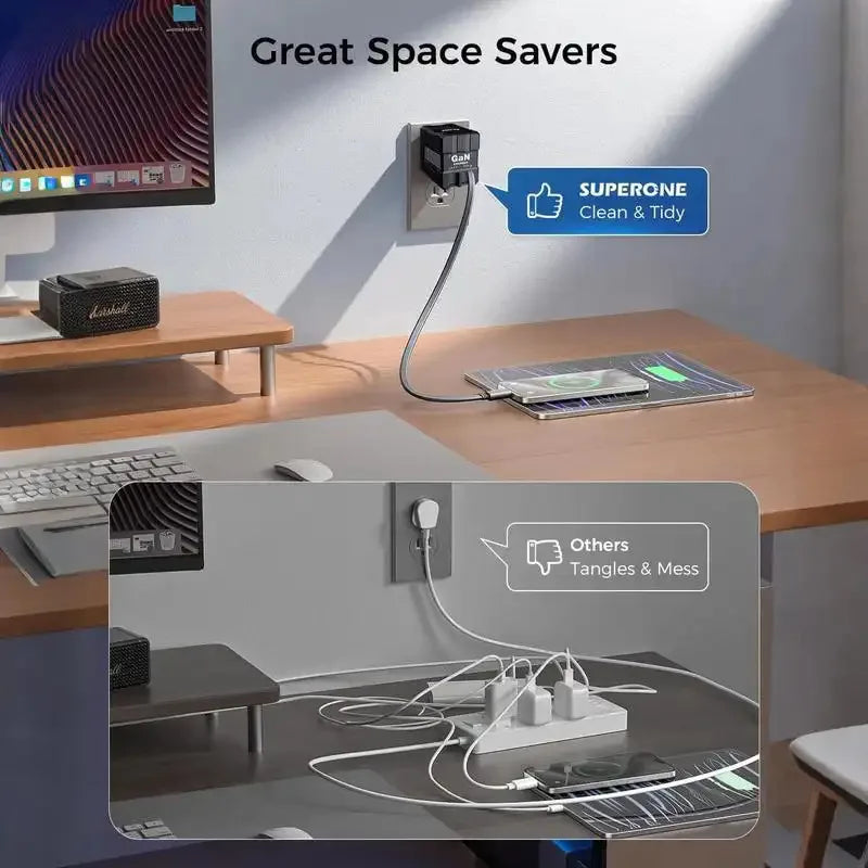 A 4-in-1 GaN fast charger with retractable cables is shown on a wooden desk, demonstrating its space-saving features.