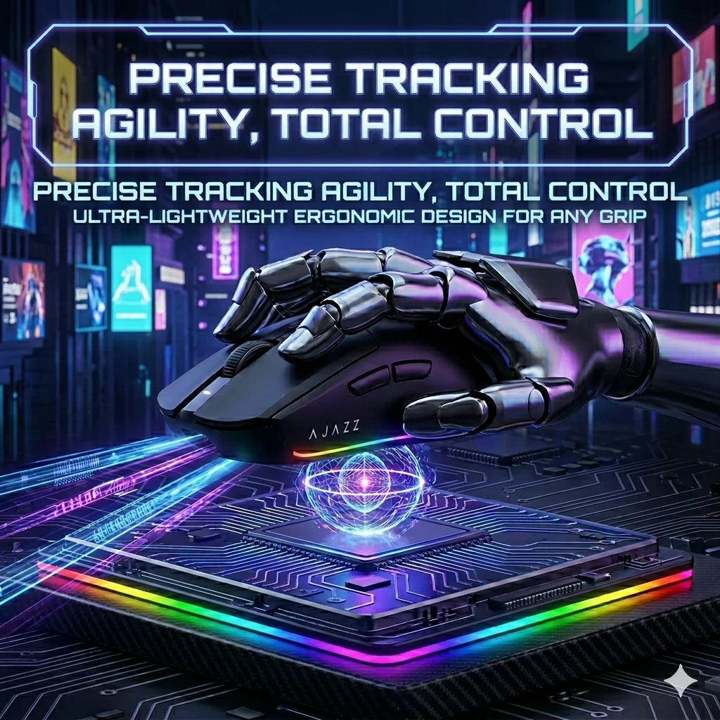 A black wireless gaming mouse is shown resting on a glowing, futuristic magnetic charging base with colorful LED lights.