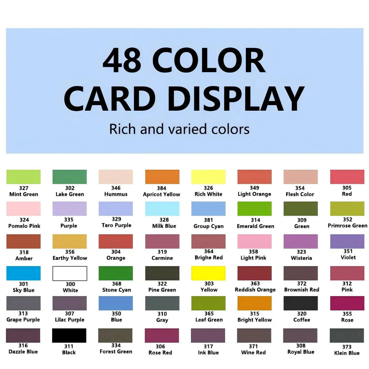 A display of 48 color card displays showing various shades of green, yellow, orange, red, and blue.