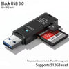 Black USB 3.0 SD+TF 2-in-1 card reader with a built-in flash drive function