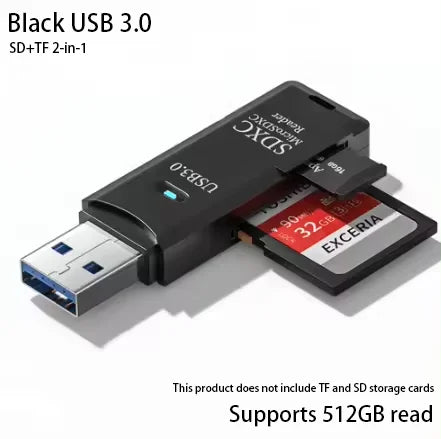 Black USB 3.0 SD+TF 2-in-1 card reader with a built-in flash drive function