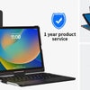 Schwarze beleuchtete Tastenkiste mit Trackpad für iPad neben einem Laptop, das 180° umklappbare Ansicht demonstriert