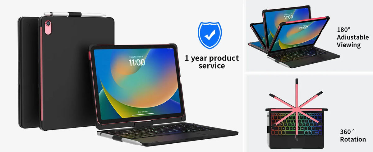 Schwarze beleuchtete Tastenkiste mit Trackpad für iPad neben einem Laptop, das 180° umklappbare Ansicht demonstriert