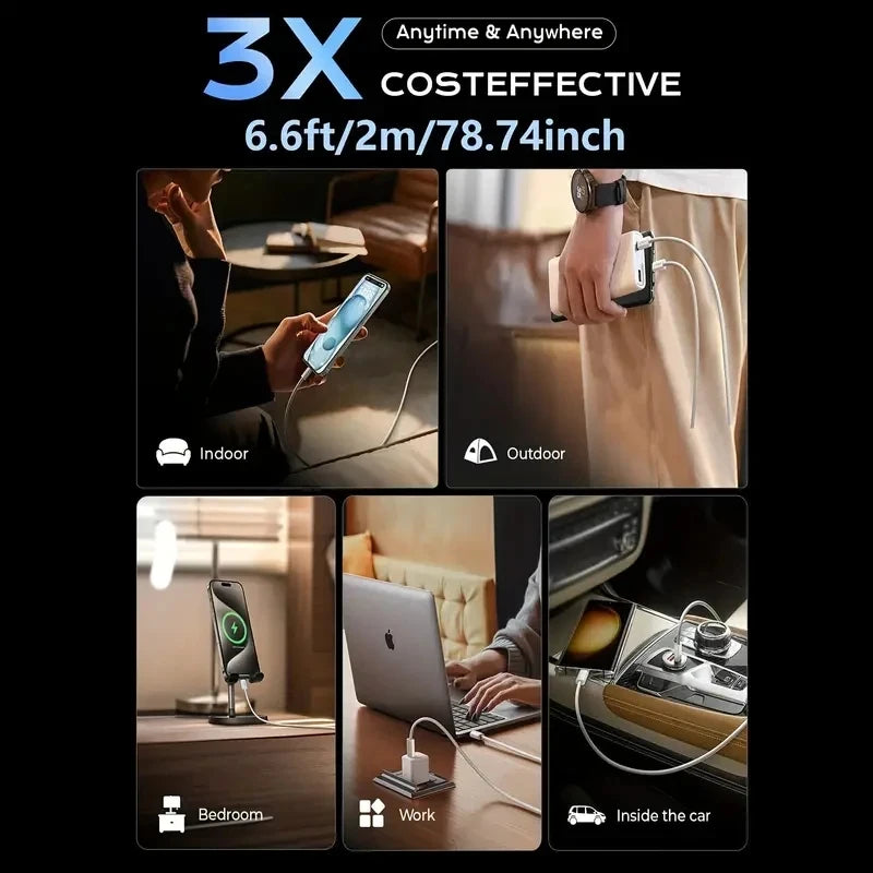 A montage showing a 3X costeffective 6.6ft charging cable used indoors and outdoors, in a bedroom, at work, and inside a car.
