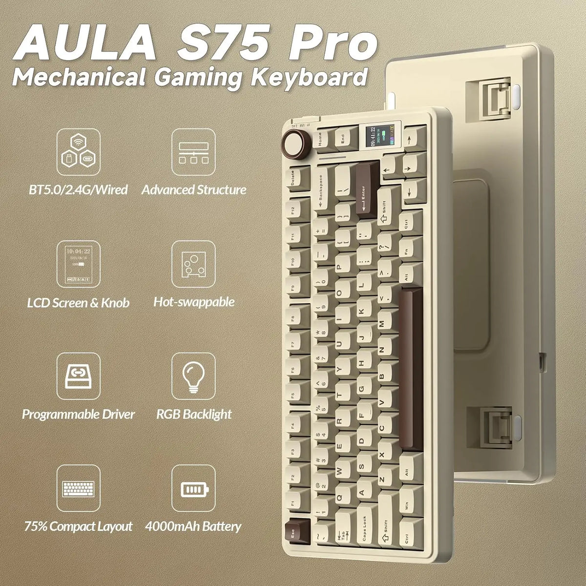 A beige AULA S75 Pro mechanical gaming keyboard shown next to its packaging, highlighting features like a programmable driver