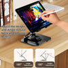 A hand adjusts the height and angle of an adjustable dual rod tablet and phone stand for easier neck and shoulder relief.