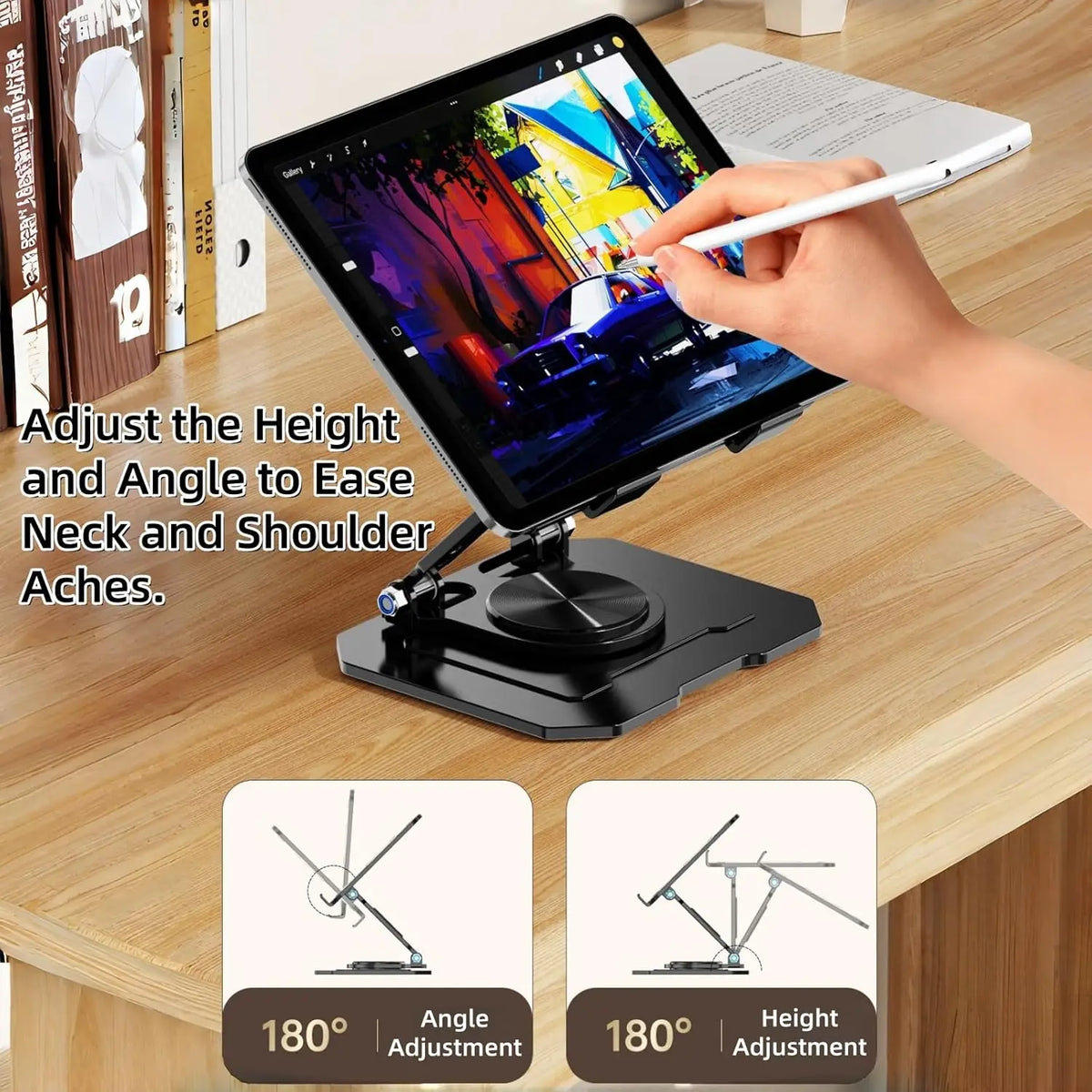 A hand adjusts the height and angle of an adjustable dual rod tablet and phone stand for easier neck and shoulder relief.